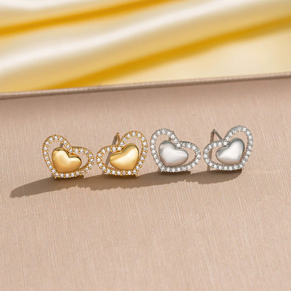 Copper 18K Gold Plated Hollow Heart Shape Women's Simple Allmatch Earrings Set With Diamonds