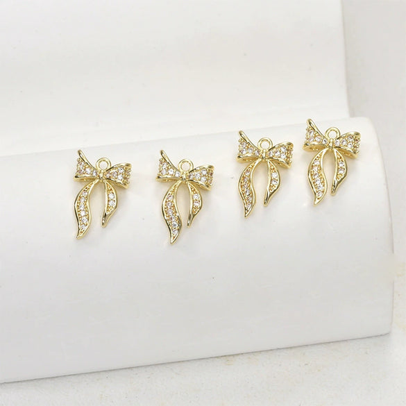 Copper 14K Gold Plated Mini Zircon Ribbon Bow Shape Jewelry Pendant Accessories