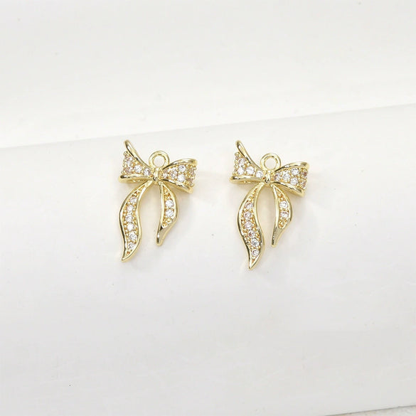 Copper 14K Gold Plated Mini Zircon Ribbon Bow Shape Jewelry Pendant Accessories