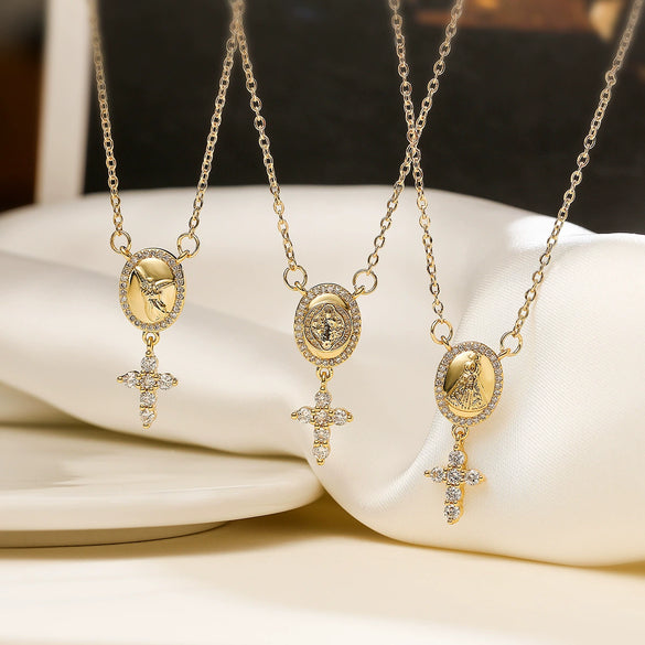 Copper 18K Gold Plated Zircon Cross Pendant Necklace Geometric Simple Women's Fashion Collarbone Chain