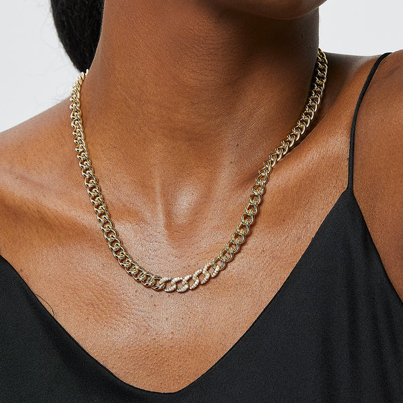 Copper 18K Gold Plated Zircon Rough Cuban Chain Necklace For Women With Geometric Styling