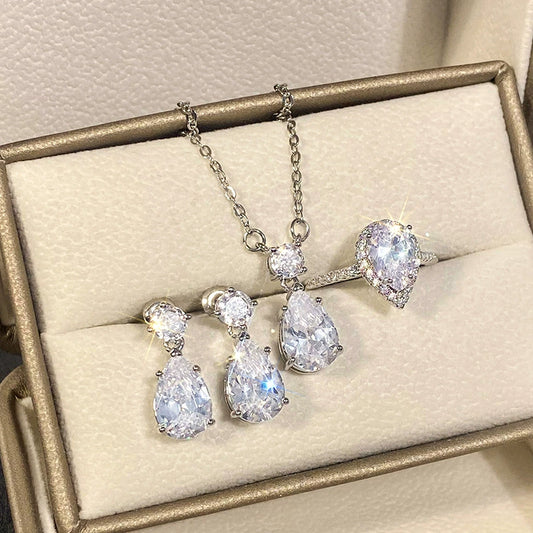 Copper Light Luxury Dropshaped Earrings And Necklace With Mixed Gem Inlay And Zircon Design For Women