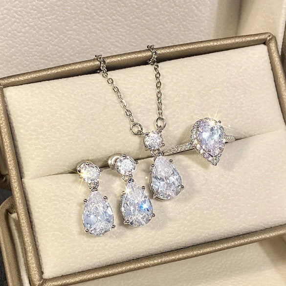 Copper Light Luxury Dropshaped Earrings And Necklace With Mixed Gem Inlay And Zircon Design For Women