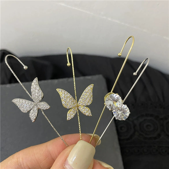 Copper Micro Pave Zircon Butterfly Ear Cuff And Pierced Earrings Insect Design For Women Auricle Wrap Oblique Earrings