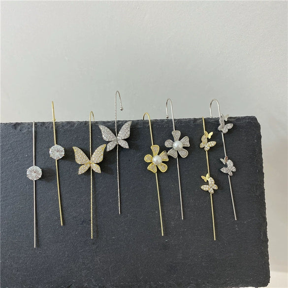 Copper Micro Pave Zircon Butterfly Ear Cuff And Pierced Earrings Insect Design For Women Auricle Wrap Oblique Earrings