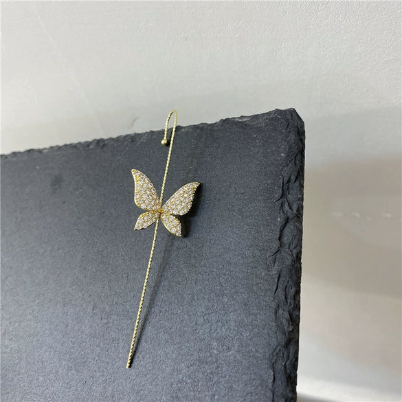 Copper Micro Pave Zircon Butterfly Ear Cuff And Pierced Earrings Insect Design For Women Auricle Wrap Oblique Earrings