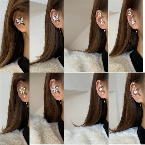 Copper Micro Pave Zircon Butterfly Ear Cuff And Pierced Earrings Insect Design For Women Auricle Wrap Oblique Earrings