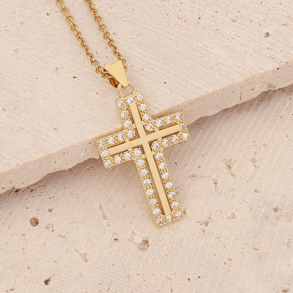 Copper Microinlaid Zircon Cross Pendant Hip Hop Fashion Necklace