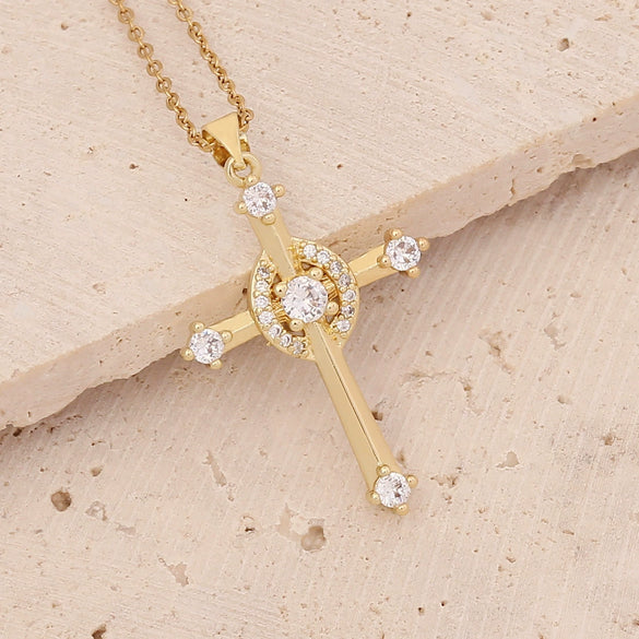 Copper Microinlaid Zircon Cross Pendant Hip Hop Fashion Necklace