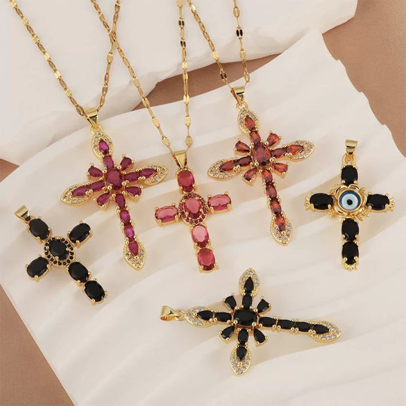 Copper Microinlaid Zircon Geometric Gold Plated Cross Pendant Lip Chain