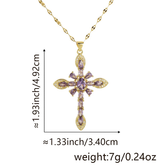 Copper Microinlaid Zircon Geometric Gold Plated Cross Pendant Lip Chain