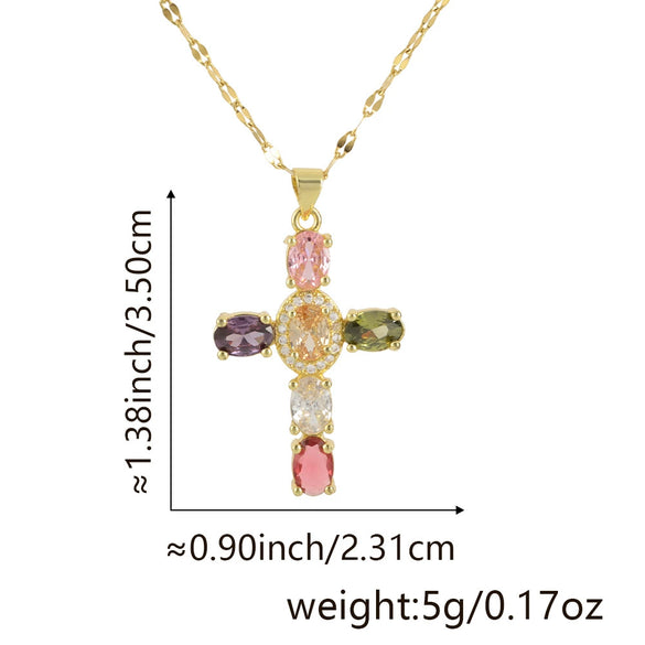 Copper Microinlaid Zircon Geometric Gold Plated Cross Pendant Lip Chain