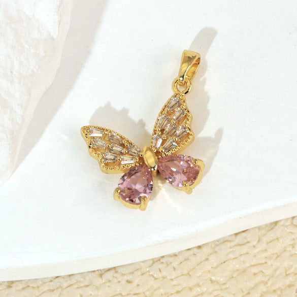 Copper Micropaved Animal Butterfly Pendant Necklace With Cartoon Style