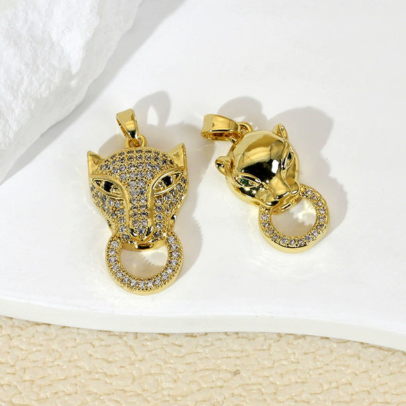 Copper Micropaved Animal Zodiac Leopard Head Necklace Pendant