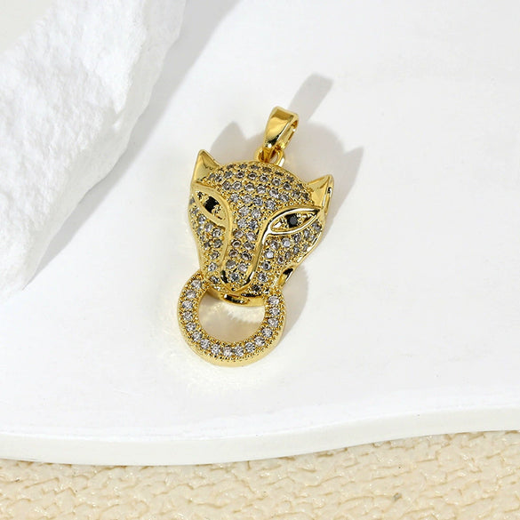 Copper Micropaved Animal Zodiac Leopard Head Necklace Pendant