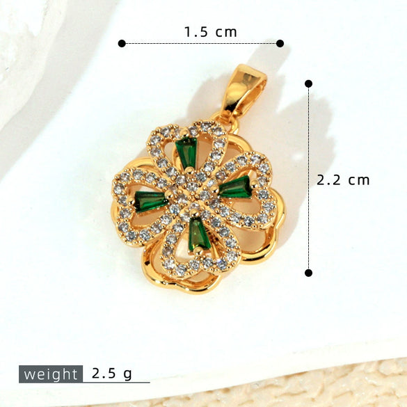 Copper Micropaved Rotating Fourleaf Flower Necklace Pendant Cartoon Plant Flower Jewelry Diy Accessory