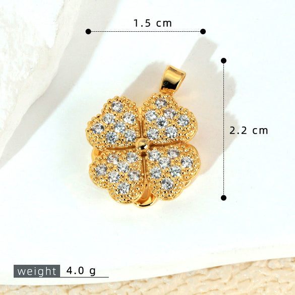 Copper Micropaved Rotating Fourleaf Flower Necklace Pendant Cartoon Plant Flower Jewelry Diy Accessory
