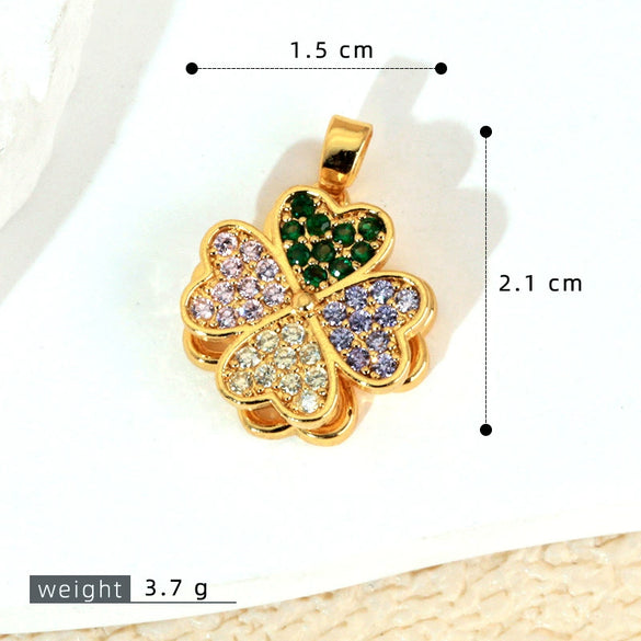 Copper Micropaved Rotating Fourleaf Flower Necklace Pendant Cartoon Plant Flower Jewelry Diy Accessory