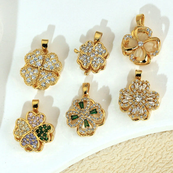 Copper Micropaved Rotating Fourleaf Flower Necklace Pendant Cartoon Plant Flower Jewelry Diy Accessory