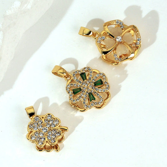 Copper Micropaved Rotating Fourleaf Flower Necklace Pendant Cartoon Plant Flower Jewelry Diy Accessory