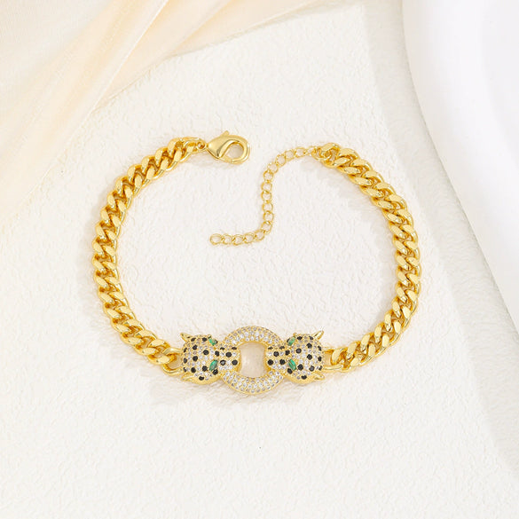 Copper Micropaved Zircon Unisex Bracelets Real Gold Electroplated Punk Hiphop Style Double Leopard Head Cuban Chain