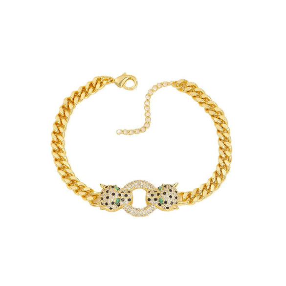Copper Micropaved Zircon Unisex Bracelets Real Gold Electroplated Punk Hiphop Style Double Leopard Head Cuban Chain