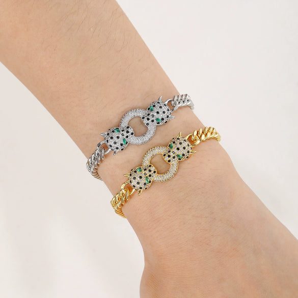 Copper Micropaved Zircon Unisex Bracelets Real Gold Electroplated Punk Hiphop Style Double Leopard Head Cuban Chain