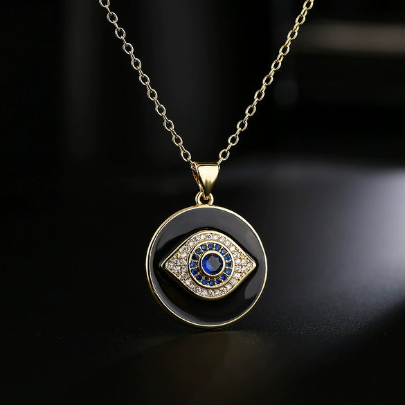 Copper Minimalist Geometric Clavicle Chain With Zircon And Devil's Eye Pendant