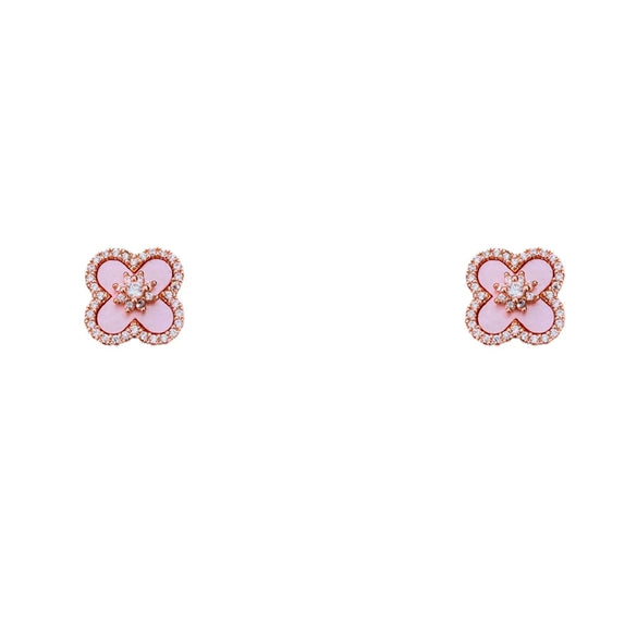 Copper Motherofpearl Clover Flower Earrings And Necklace Set With Zirconia Highend Fashion