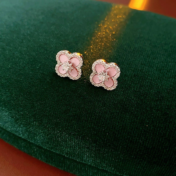 Copper Motherofpearl Clover Flower Earrings And Necklace Set With Zirconia Highend Fashion