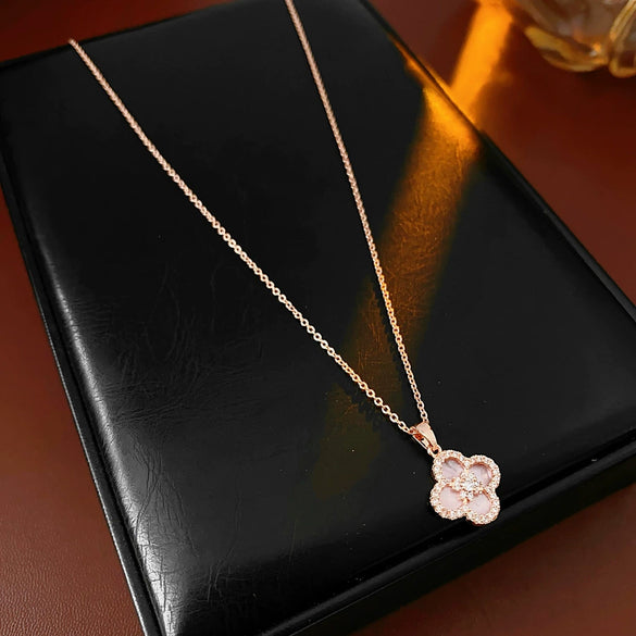 Copper Motherofpearl Clover Flower Earrings And Necklace Set With Zirconia Highend Fashion