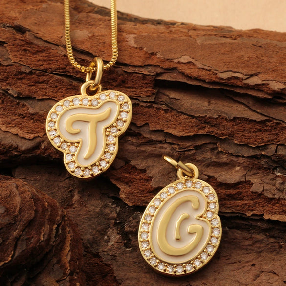 Copper Pendant Necklace With English Letters Edge Inlaid Zircon Electroplated For Women