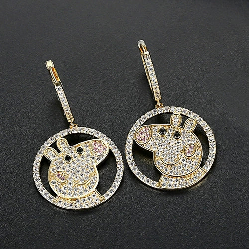 Copper Pig Stud Earrings With Micro Inlaid Zircon Animal Zodiac Jewelry For Women