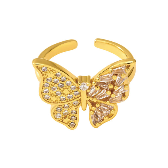 Copper Plated 18K Gold Inlaid Zircon Butterfly Geometric Open Index Finger Ring For Women Fashion Ol Style Stainless Steel Jewelry With Electroplating