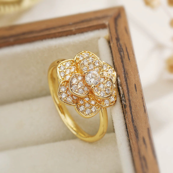 Copper Plated 18K Gold Zircon Flower Butterfly Rotatable Open Ring For Women With Micropaved Design