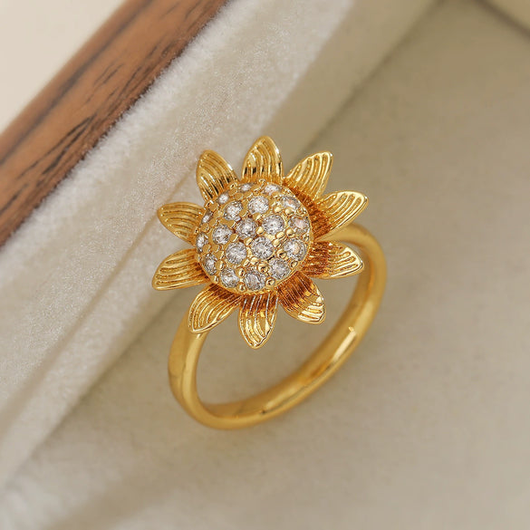 Copper Plated 18K Gold Zircon Flower Butterfly Rotatable Open Ring For Women With Micropaved Design