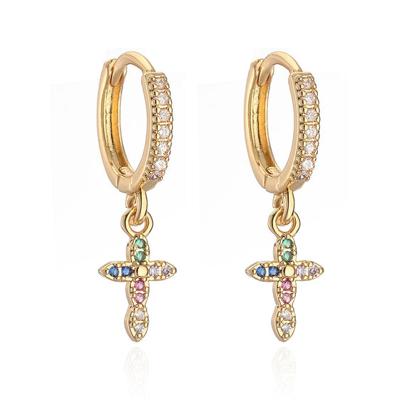 Copper Plated Real Gold Zircon Geometric Cross Pendant Earrings For Women
