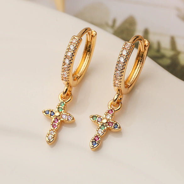Copper Plated Real Gold Zircon Geometric Cross Pendant Earrings For Women