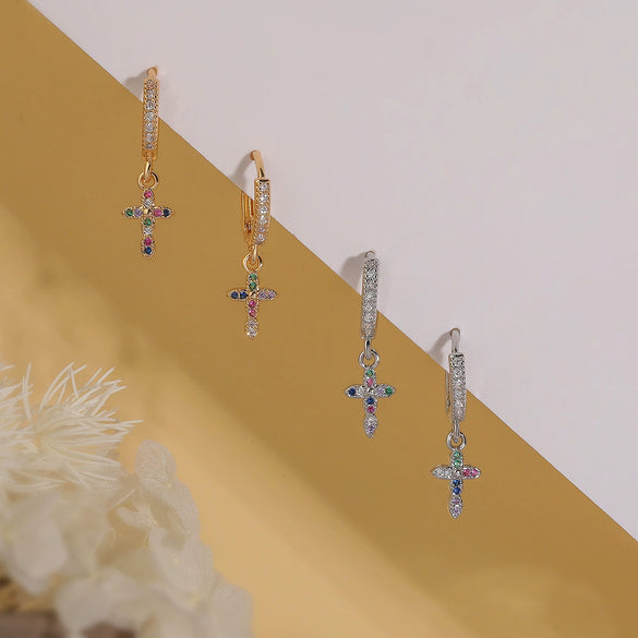 Copper Plated Real Gold Zircon Geometric Cross Pendant Earrings For Women