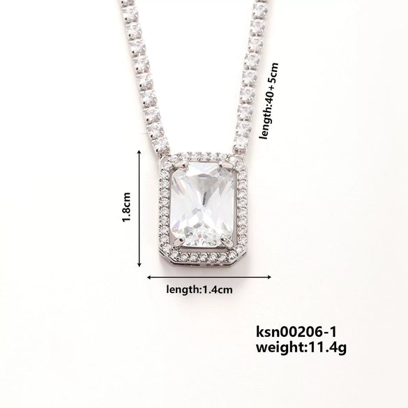 Copper Rectangular Geometric Zircon And Glass Pendant Necklace With Square Cut Colorful Zircon Style
