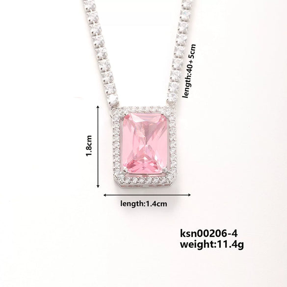 Copper Rectangular Geometric Zircon And Glass Pendant Necklace With Square Cut Colorful Zircon Style