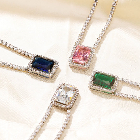 Copper Rectangular Geometric Zircon And Glass Pendant Necklace With Square Cut Colorful Zircon Style