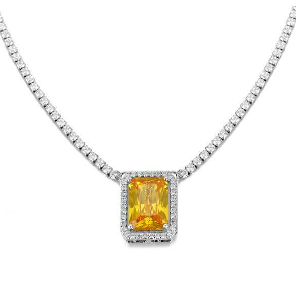 Copper Rectangular Geometric Zircon And Glass Pendant Necklace With Square Cut Colorful Zircon Style