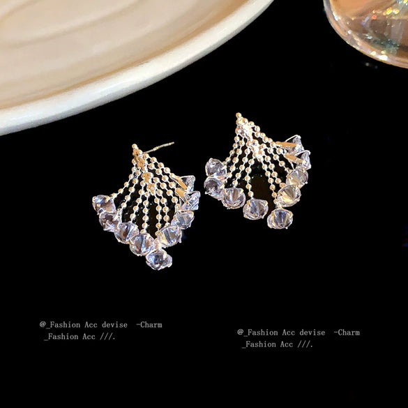 Copper Rhombus Zirconia Tassel Earrings For Women Light Luxury Style