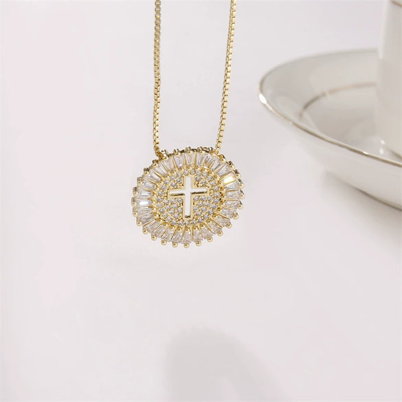 Copper Round Cross Necklace With Microinlaid Zircon And Eyes Pattern Box Chain Style Unisex