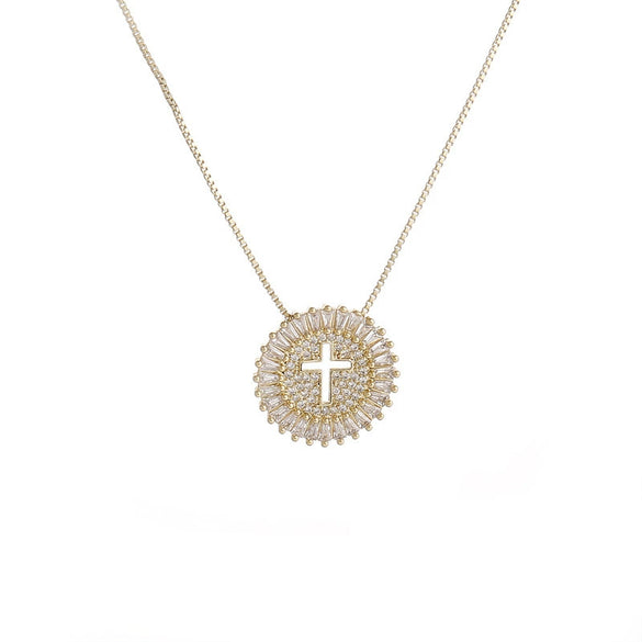 Copper Round Cross Necklace With Microinlaid Zircon And Eyes Pattern Box Chain Style Unisex