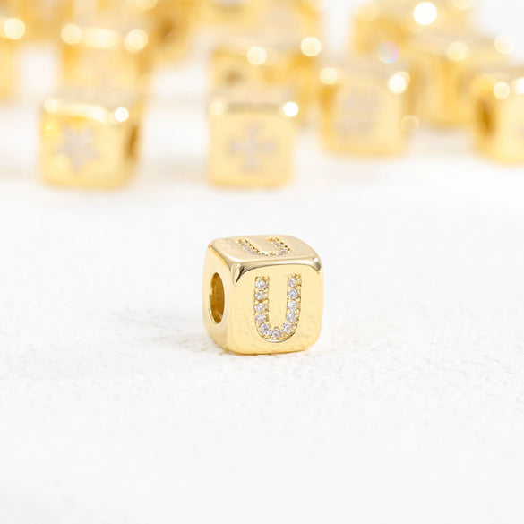 Copper Set Zircon Inlaid Dice Pendant Necklace With Letters Numbers Text Pattern And String Of Pearls Chain