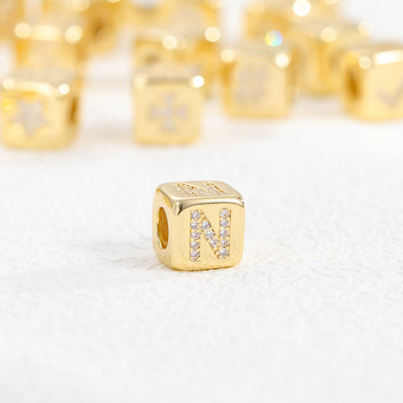 Copper Set Zircon Inlaid Dice Pendant Necklace With Letters Numbers Text Pattern And String Of Pearls Chain