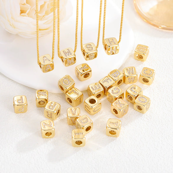 Copper Set Zircon Inlaid Dice Pendant Necklace With Letters Numbers Text Pattern And String Of Pearls Chain