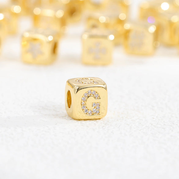 Copper Set Zircon Inlaid Dice Pendant Necklace With Letters Numbers Text Pattern And String Of Pearls Chain